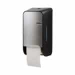 Toilettenpapierspender de luxe silver-schwarz leicht links - clomo Waschraumhygiene