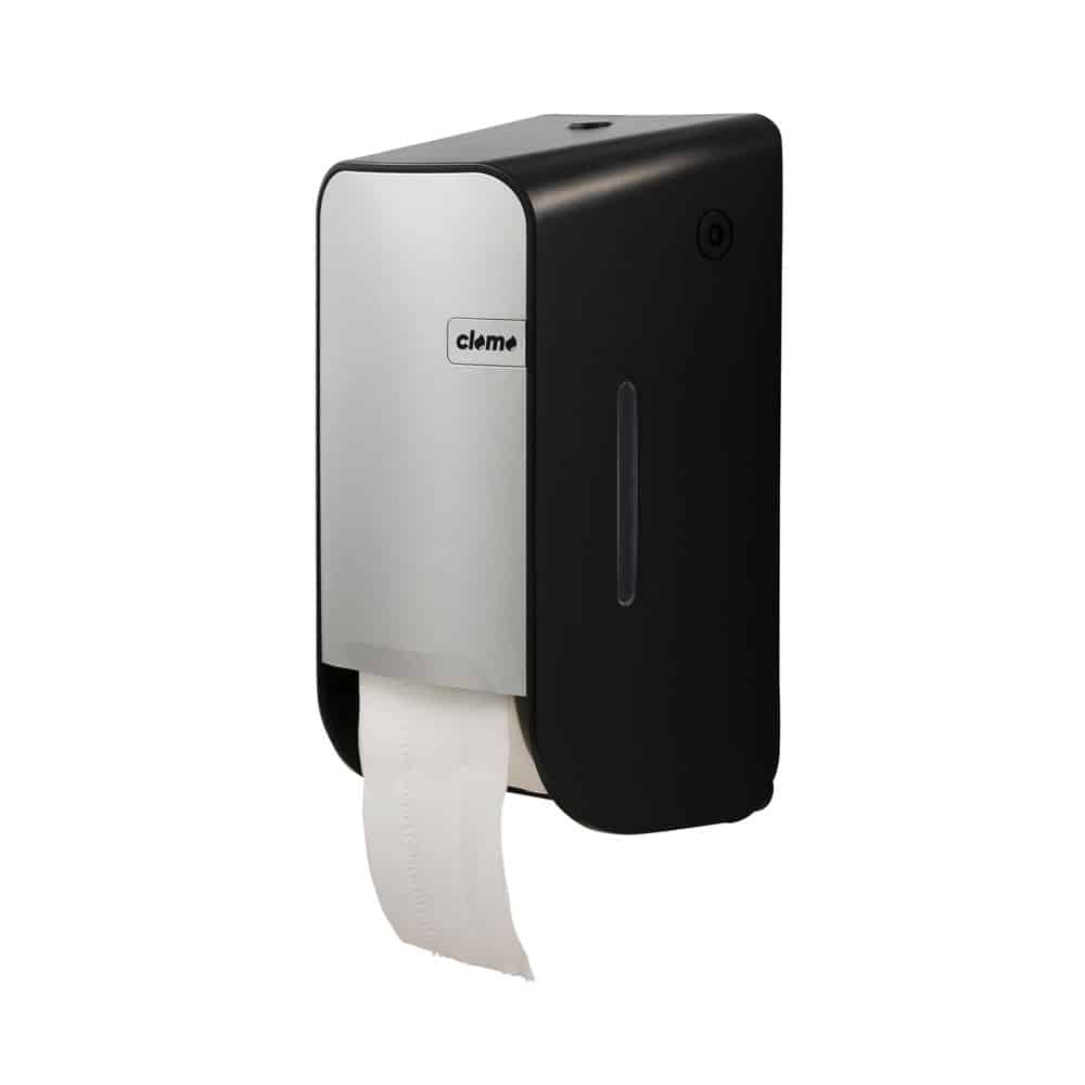 Toilettenpapierspender de luxe silver-schwarz links - clomo Waschraumhygiene