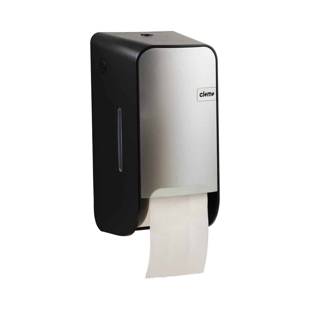Toilettenpapierspender de luxe silver-schwarz leicht rechts - clomo Waschraumhygiene